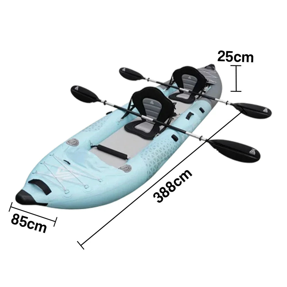 TREKKA 328/388/420cm Inflatable Kayak Elastic Seat Durable PVC High-Pressure Valve, Quick-Release Fins, Ideal for Sea & Lake Fishing - Blue
