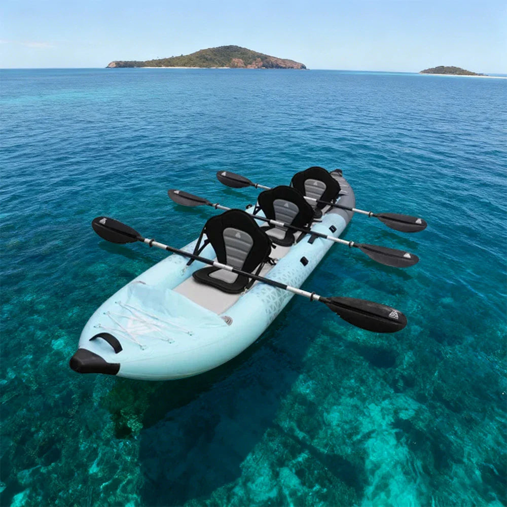 TREKKA 328/388/420cm Inflatable Kayak Elastic Seat Durable PVC High-Pressure Valve, Quick-Release Fins, Ideal for Sea & Lake Fishing - Blue
