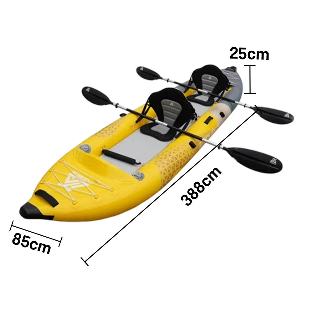 TREKKA 328/388/420cm Inflatable Kayak Elastic Seat Durable PVC High-Pressure Valve Quick-Release Fins Ideal for Sea & Lake Fishing - Yellow