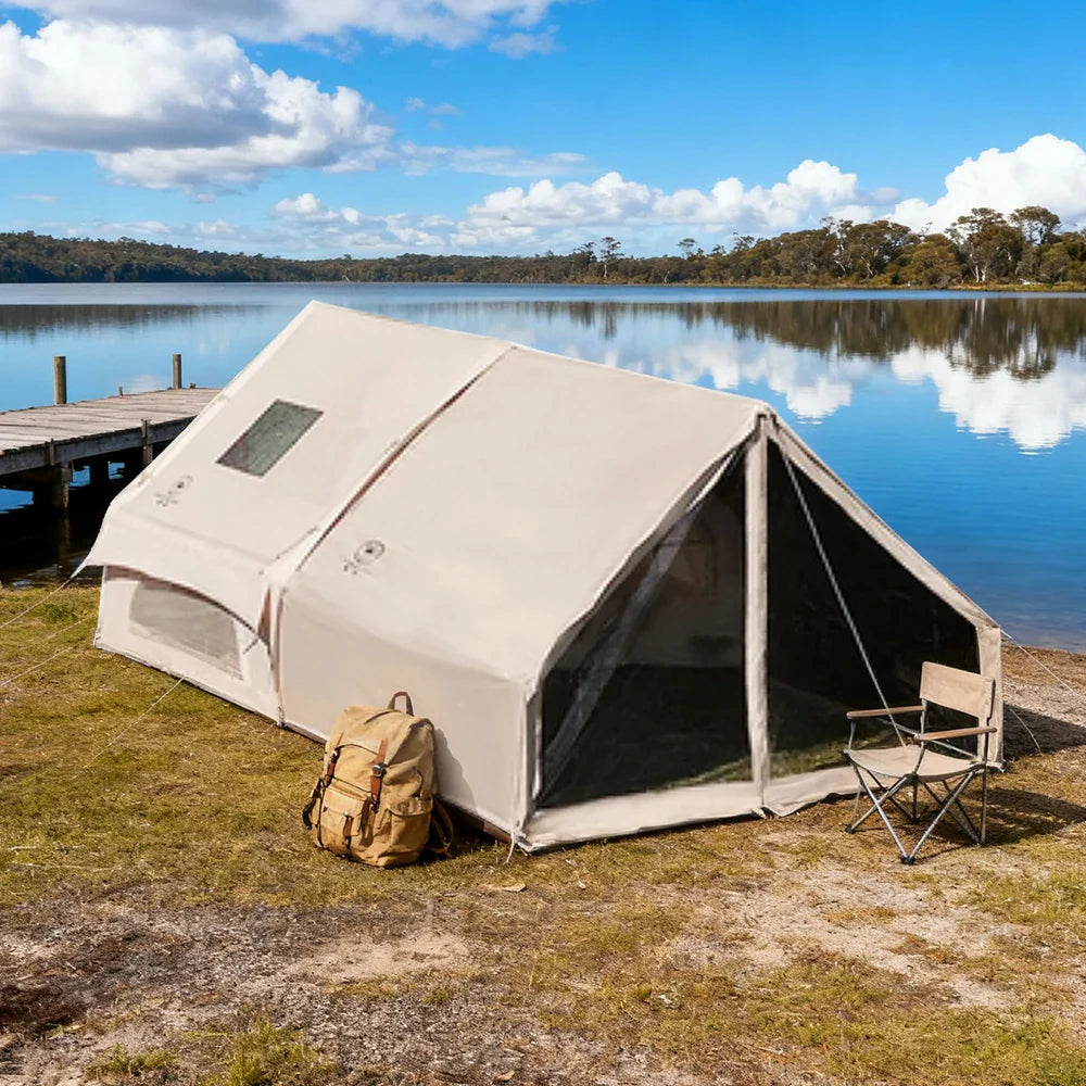 TREKKA Inflatable Camping Tent with Blackout Vestibule - UPF50+ Sun Protection, All-Season Shelter for 2-4 People - Beige