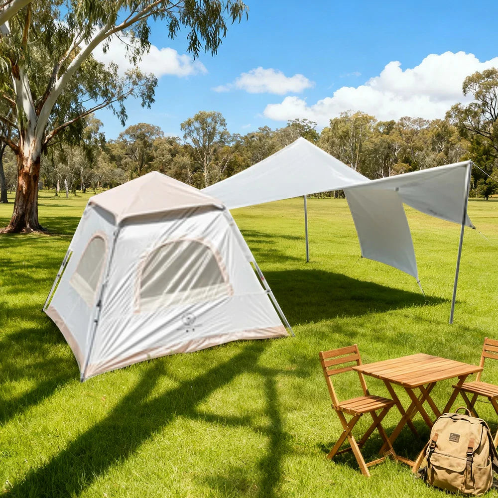 TREKKA Frame-Supported Auto-Open Camping Tent with Silver-Coated Canopy - Quick Assembly, UPF50+ Sun Protection, Compact Shelter - Light Khaki