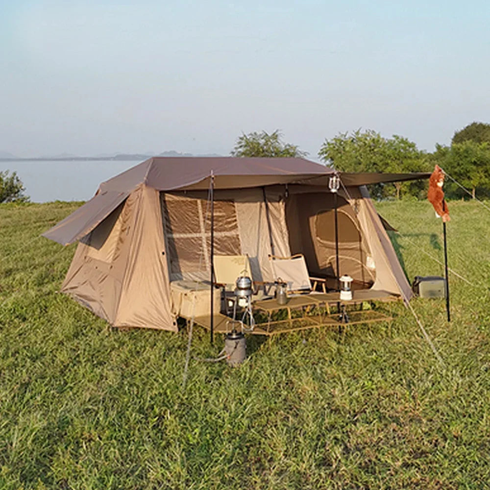 TREKKA Ridge-Style Camping Tent with Approx. 13 Sq.m Space - Two Bedrooms & Living Area, Auto-Open Design, Family-Friendly Shelter - Brown