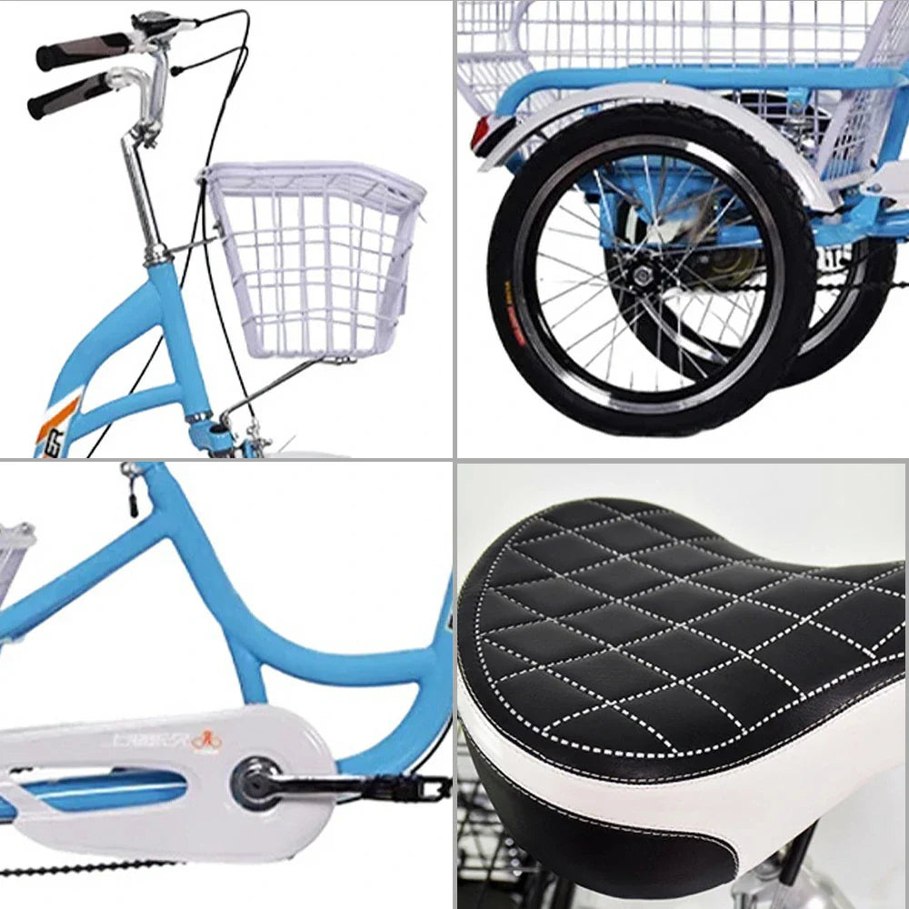 VOLTUS Adult Comfort Seat Three Single Speed Bicycle Upgraded Wheel Tire Reinforcement-Red/Blue/Silvery