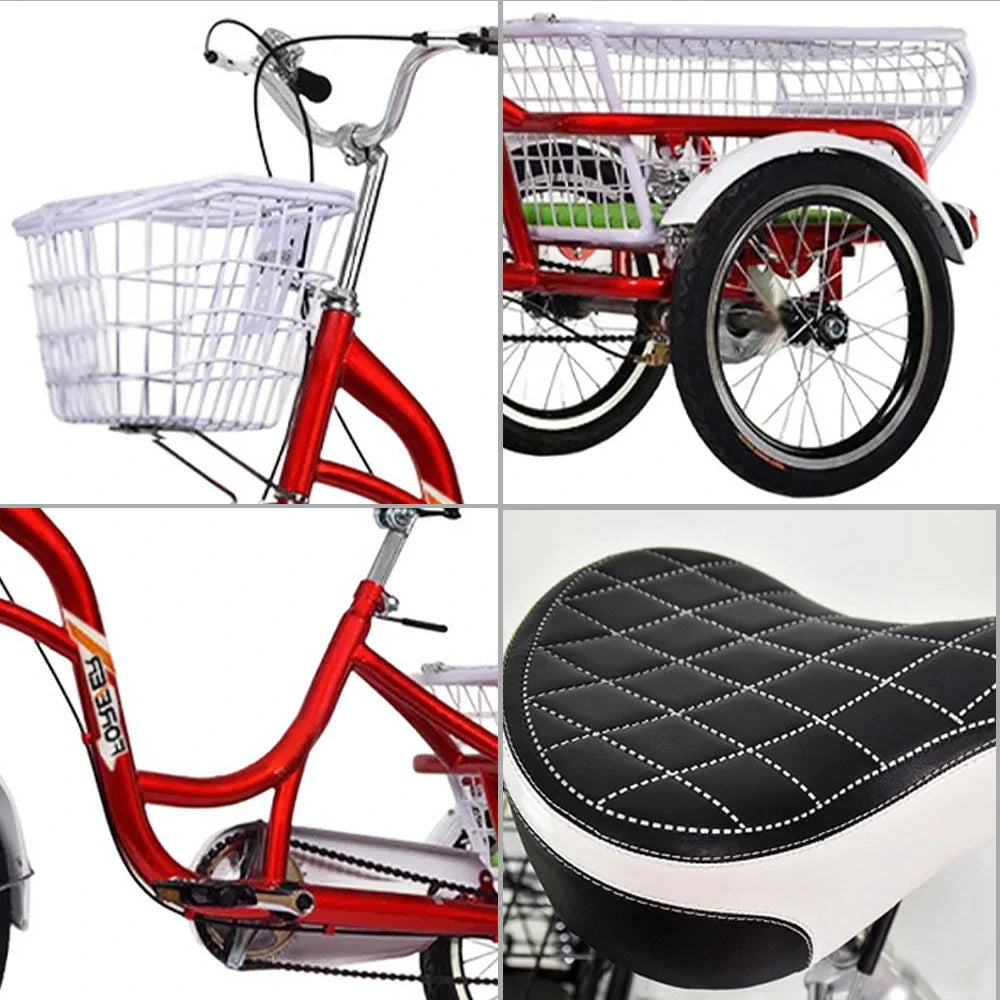 VOLTUS Adult Comfort Seat Three Single Speed Bicycle Upgraded Wheel Tire Reinforcement-Red/Blue/Silvery