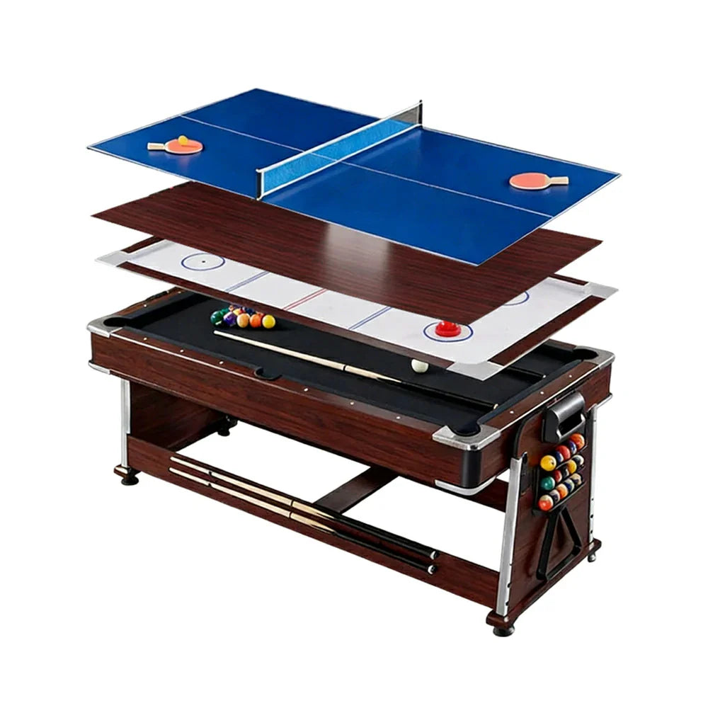 VERSA 4-in-1 7/8FT Convertible Game Table - Brown Frame, Air Hockey/Pool/Dining/Table Tennis, Includes Free Accessories - Black Felt