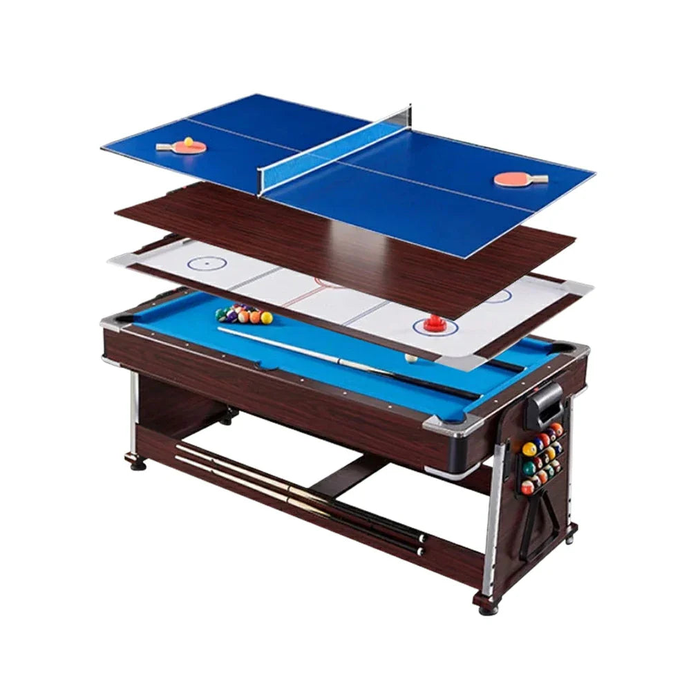VERSA 4-in-1 7/8FT Convertible Game Table - Brown Frame, Air Hockey/Pool/Dining/Table Tennis, Includes Free Accessories - Blue Felt