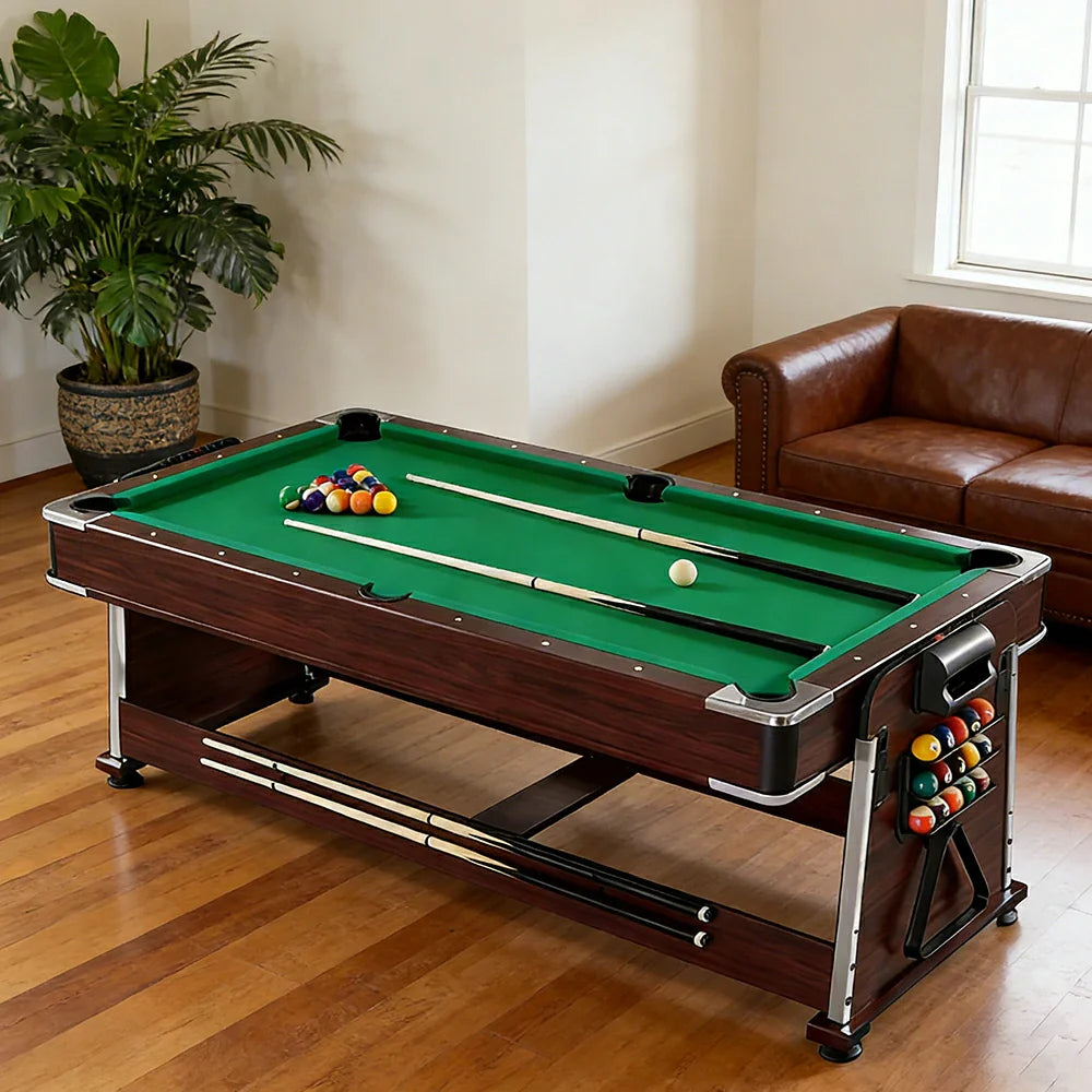 VERSA 4-in-1 7/8FT Convertible Game Table - Brown Frame, Air Hockey/Pool/Dining/Table Tennis, Includes Free Accessories - Green Felt