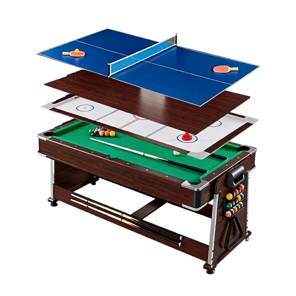 VERSA 4-in-1 7/8FT Convertible Game Table - Brown Frame, Air Hockey/Pool/Dining/Table Tennis, Includes Free Accessories - Green Felt