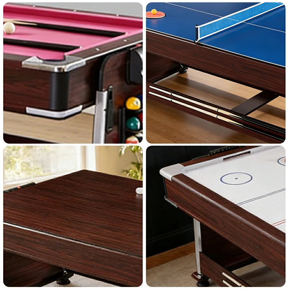 VERSA 4-in-1 7/8FT Convertible Game Table - Brown Frame, Air Hockey/Pool/Dining/Table Tennis, Includes Free Accessories - Red Felt