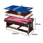 VERSA 4-in-1 7/8FT Convertible Game Table - Brown Frame, Air Hockey/Pool/Dining/Table Tennis, Includes Free Accessories - Red Felt