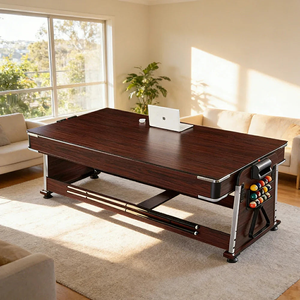 VERSA 4-in-1 7/8FT Convertible Game Table - Brown Frame, Air Hockey/Pool/Dining/Table Tennis, Includes Free Accessories - Red Felt