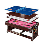 VERSA 4-in-1 7/8FT Convertible Game Table - Brown Frame, Air Hockey/Pool/Dining/Table Tennis, Includes Free Accessories - Red Felt