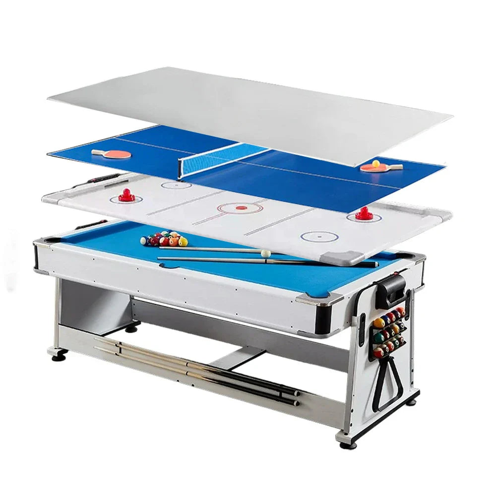 VERSA 4-in-1 7/8FT Multi-Game Table with White Frame for Air Hockey, Billiards, Dining & Table Tennis - Blue Felt, Includes Accessories