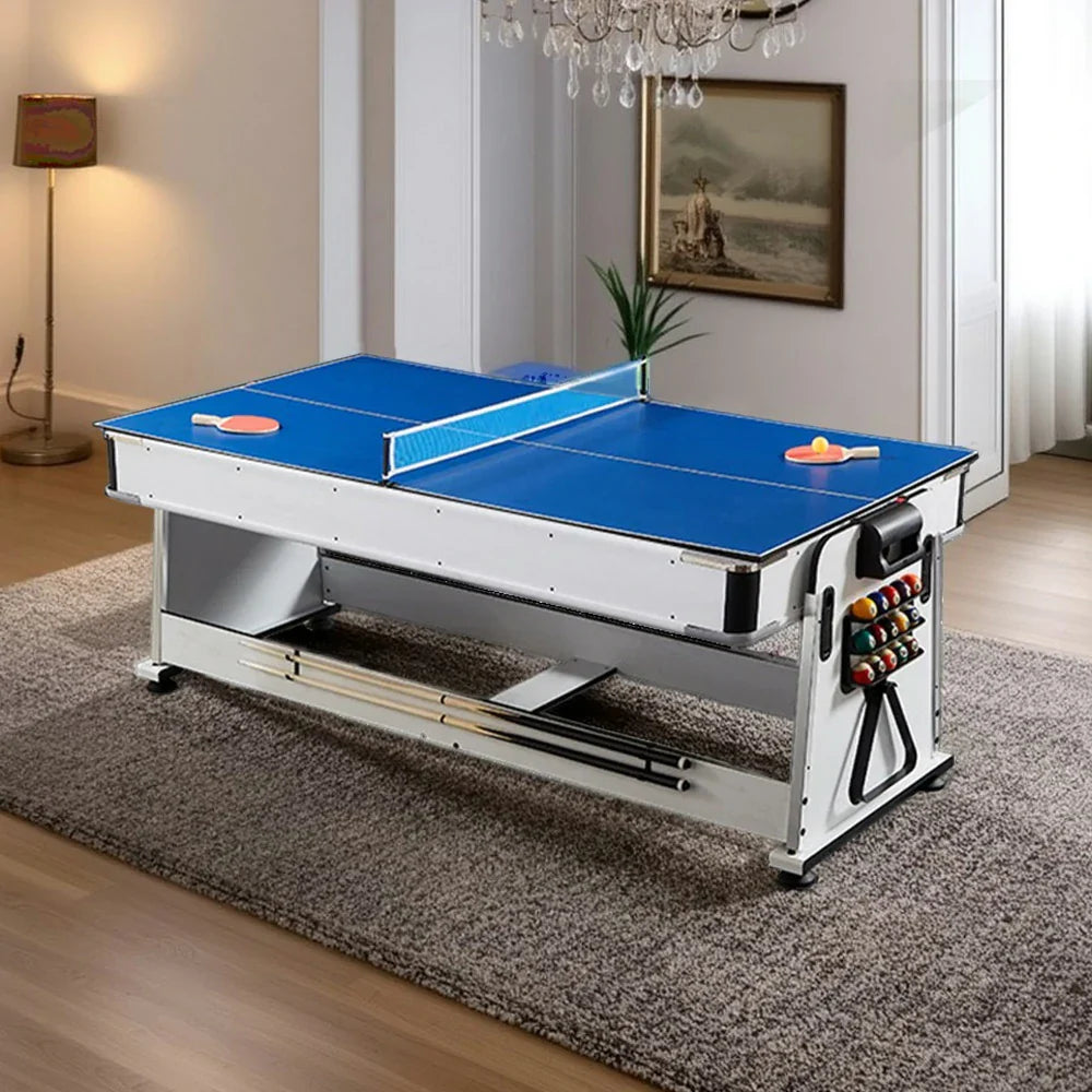 VERSA 4-in-1 7/8FT Multi-Game Table with White Frame for Air Hockey, Billiards, Dining & Table Tennis - Blue Felt, Includes Accessories