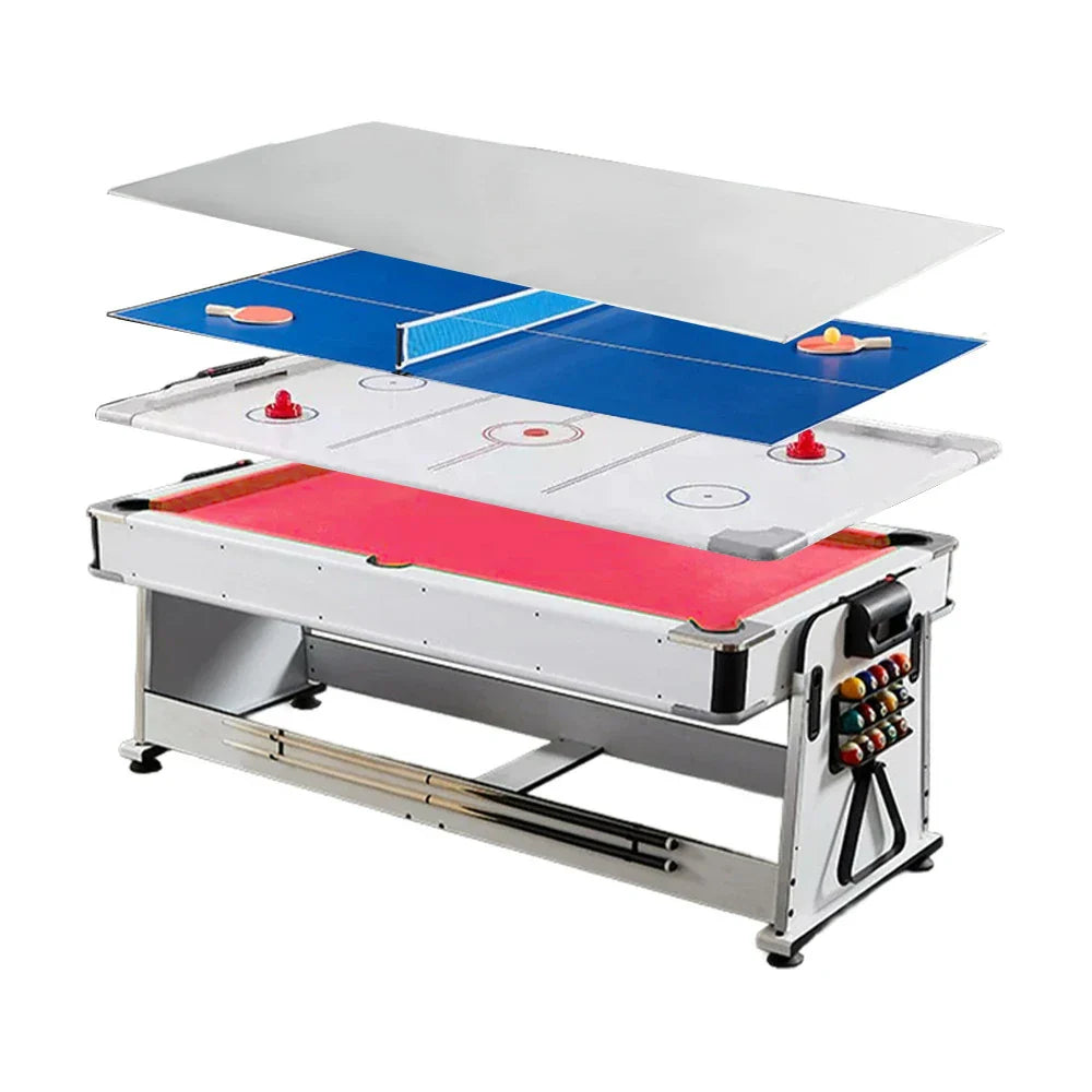 VERSA 4-in-1 7/8FT Multifunctional Table with White Frame for Air Hockey, Billiards, Dining & Ping Pong - Red Felt, Bonus Accessories