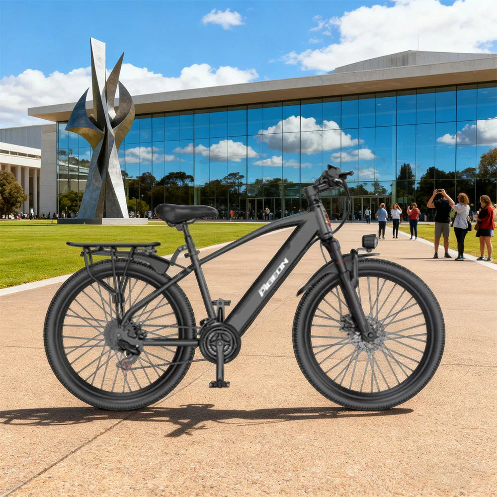 VOLTUS Electric Bike Carbon Alloy Frame Shimano 7-Speed 26-Inch Spoked Wheels  Black