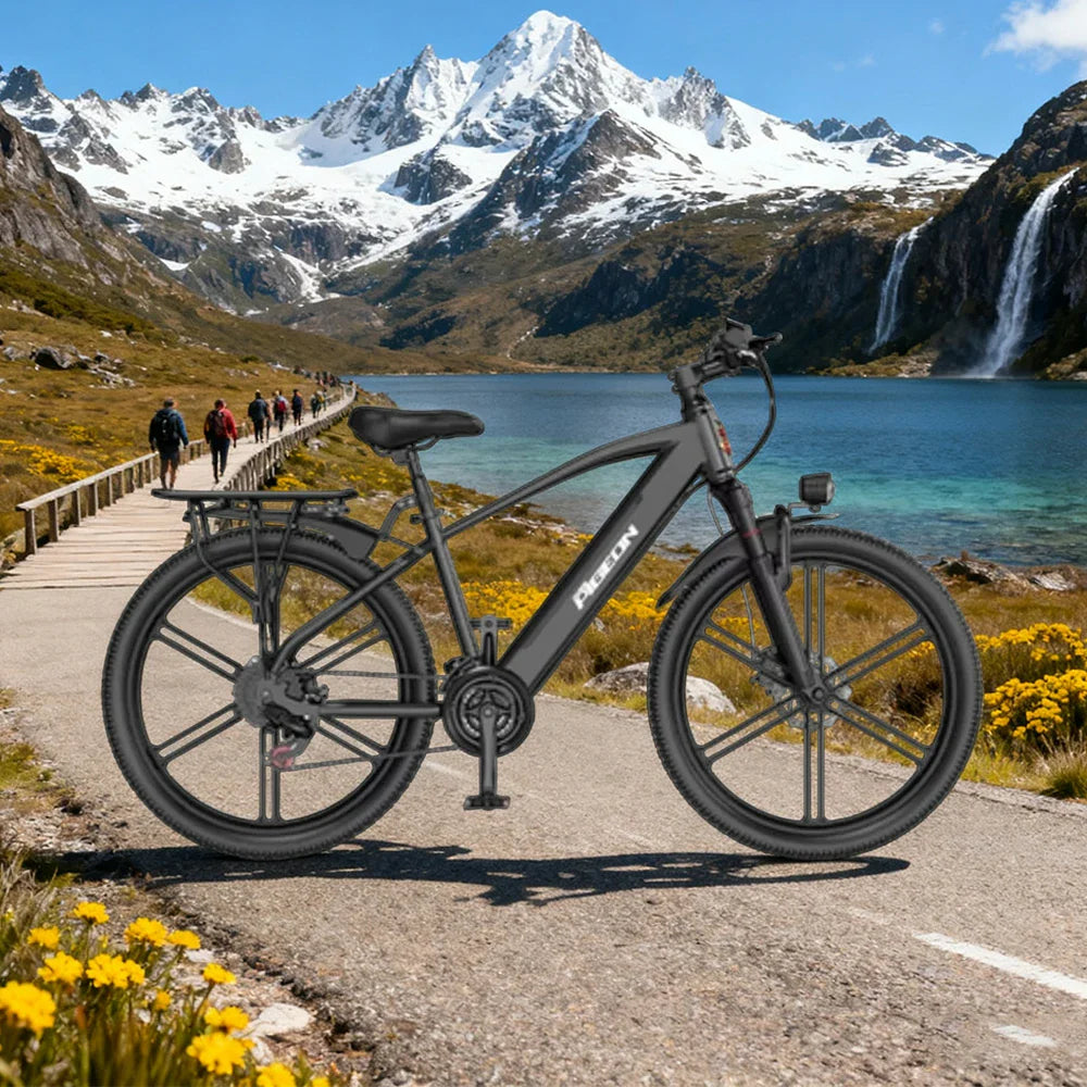 VOLTUS Electric Bike Carbon Alloy Frame Shimano 7-Speed 26-Inch Magnesium Alloy Integrated Wheels Black