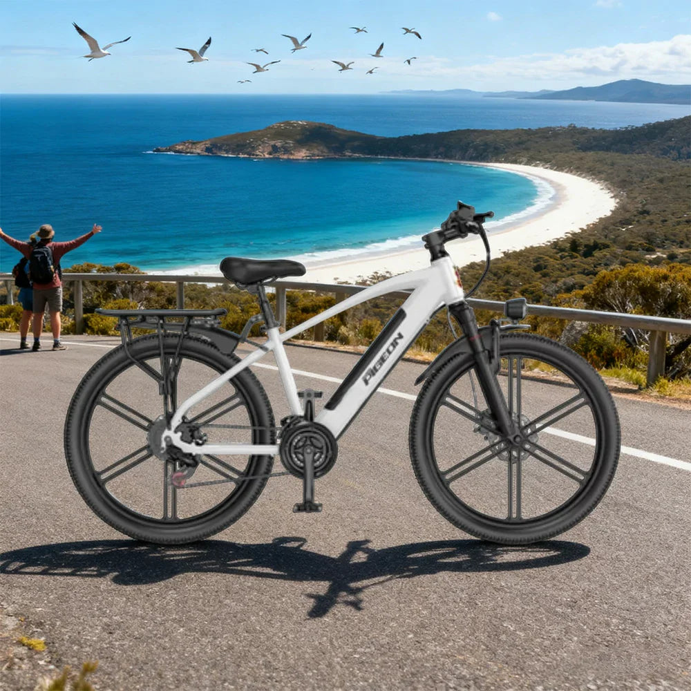 VOLTUS Electric Bike Carbon Alloy Frame Shimano 7-Speed 26-Inch Magnesium Alloy Integrated Wheels White