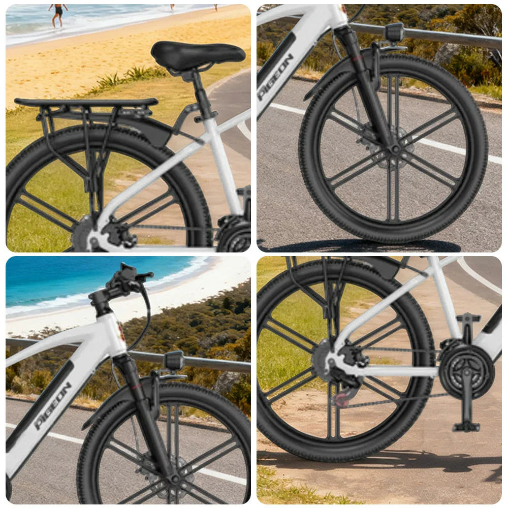 VOLTUS Electric Bike Carbon Alloy Frame Shimano 7-Speed 26-Inch Magnesium Alloy Integrated Wheels White