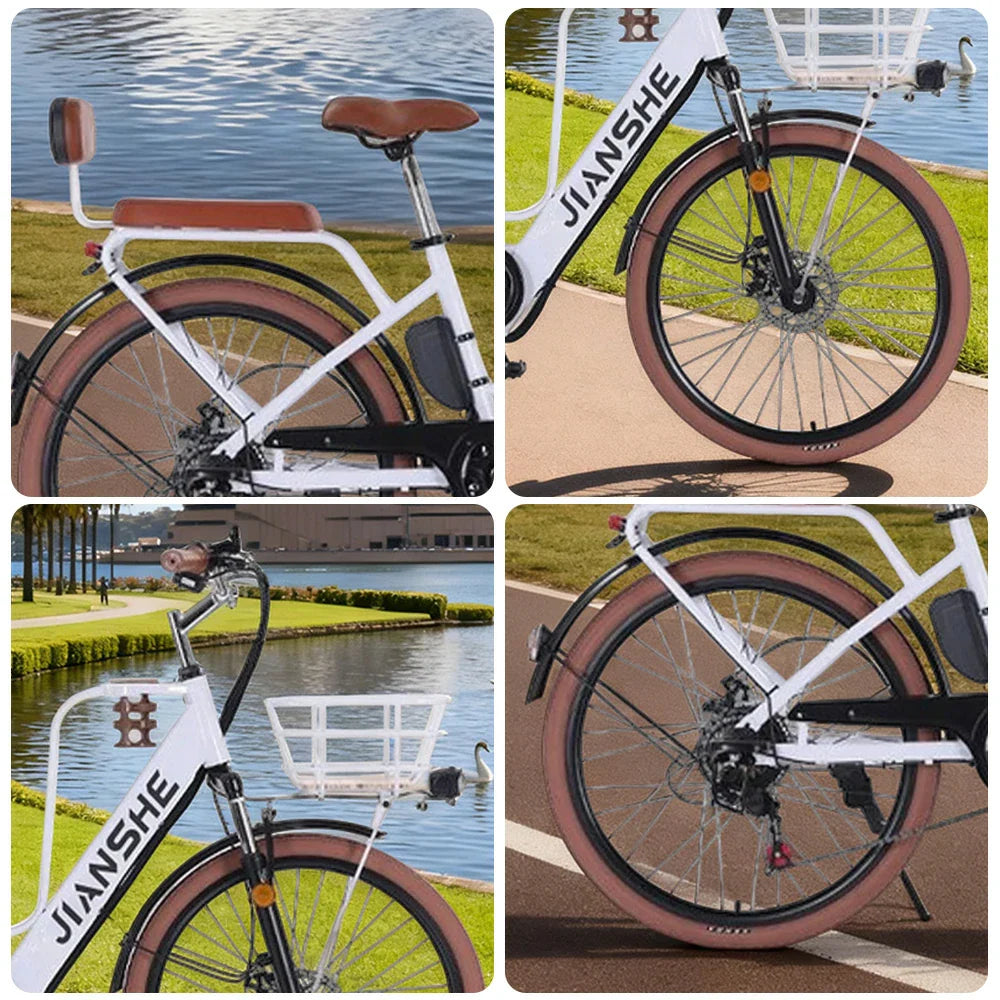 VOLTUS Electric Bike 10/25/40A 26-inch Tires Non-slip PVC Hydraulic Suspension 7-Speed Gear Hidden White