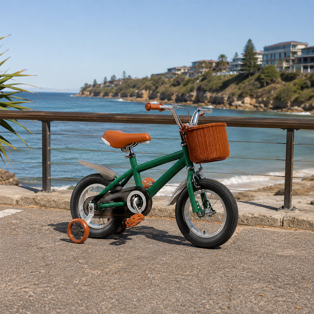 VOLTUS 16 Inch Kids Bike with Training Wheels, Front Basket & Adjustable Seat for Beginner Riders - British Post Green