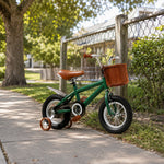VOLTUS 16 Inch Kids Bike with Training Wheels, Front Basket & Adjustable Seat for Beginner Riders - British Post Green