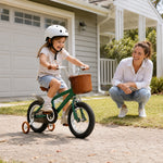 VOLTUS 16 Inch Kids Bike with Training Wheels, Front Basket & Adjustable Seat for Beginner Riders - British Post Green