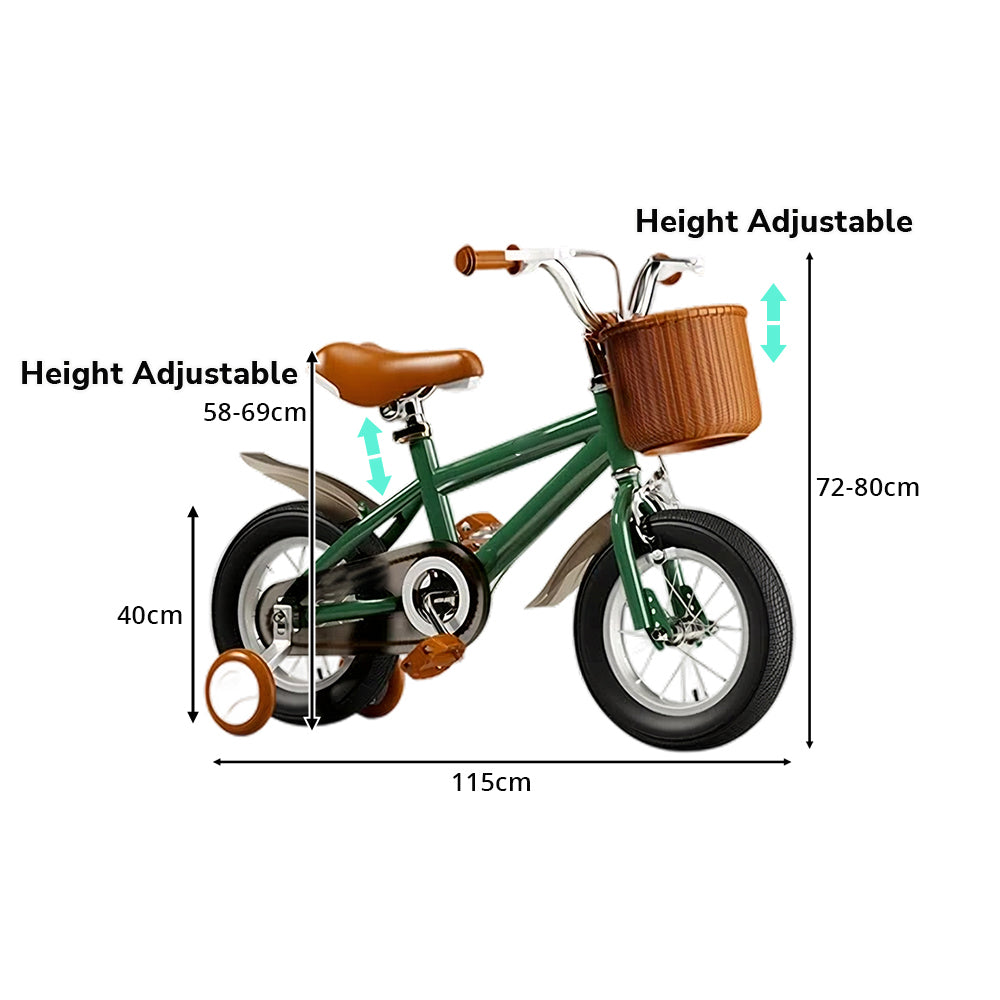 VOLTUS 16 Inch Kids Bike with Training Wheels, Front Basket & Adjustable Seat for Beginner Riders - British Post Green