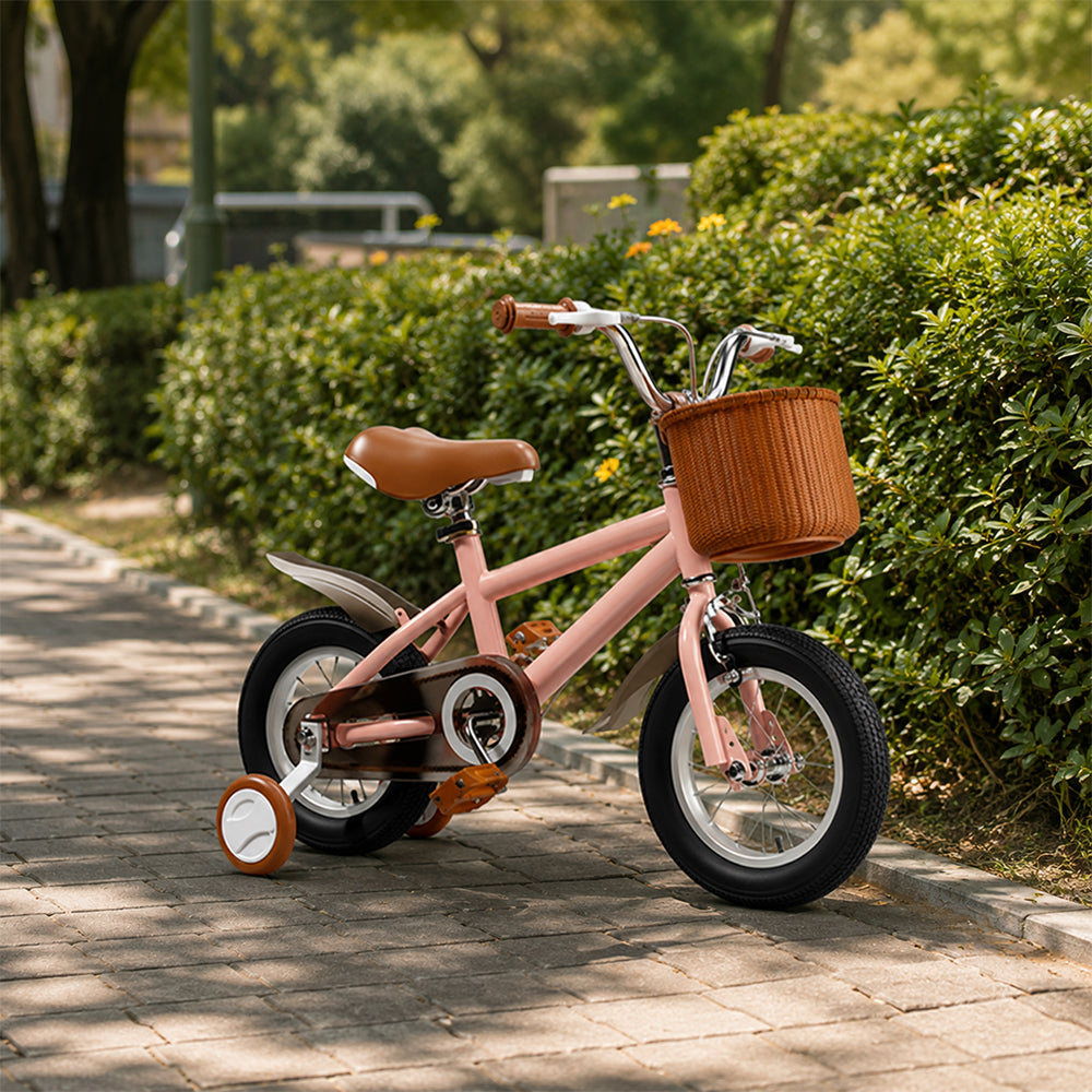 VOLTUS 16 Inch Kids Bike with Training Wheels, Front Basket & Adjustable Seat for Beginner Riders - Pink