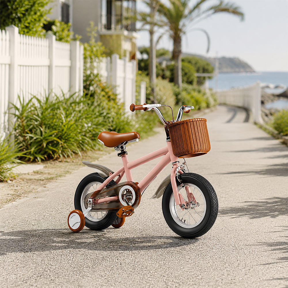 VOLTUS 16 Inch Kids Bike with Training Wheels, Front Basket & Adjustable Seat for Beginner Riders - Pink