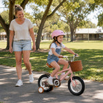 VOLTUS 16 Inch Kids Bike with Training Wheels, Front Basket & Adjustable Seat for Beginner Riders - Pink