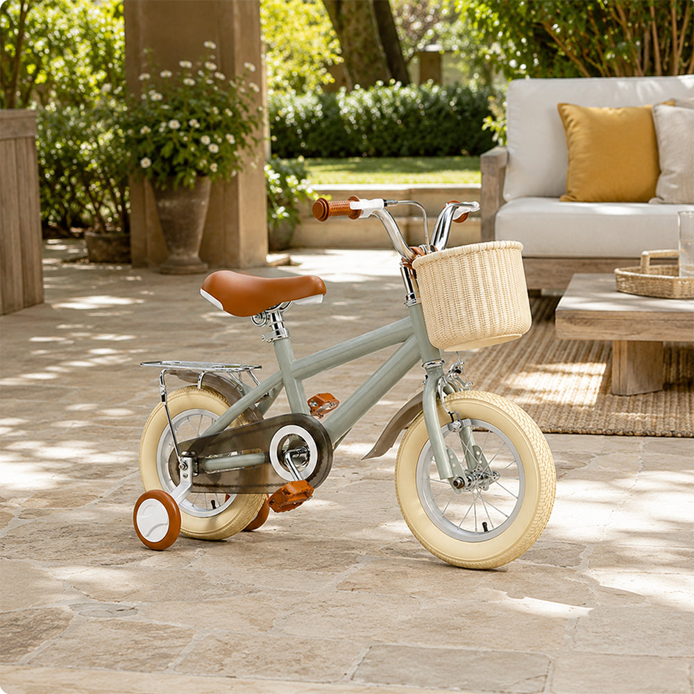 VOLTUS Kids Bike with Training Wheels, Woven Basket & Rear Rack for Beginner Riders - Mint Grey, Wide Silent Wheels