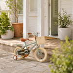 VOLTUS Kids Bike with Training Wheels, Woven Basket & Rear Rack for Beginner Riders - Mint Grey, Wide Silent Wheels