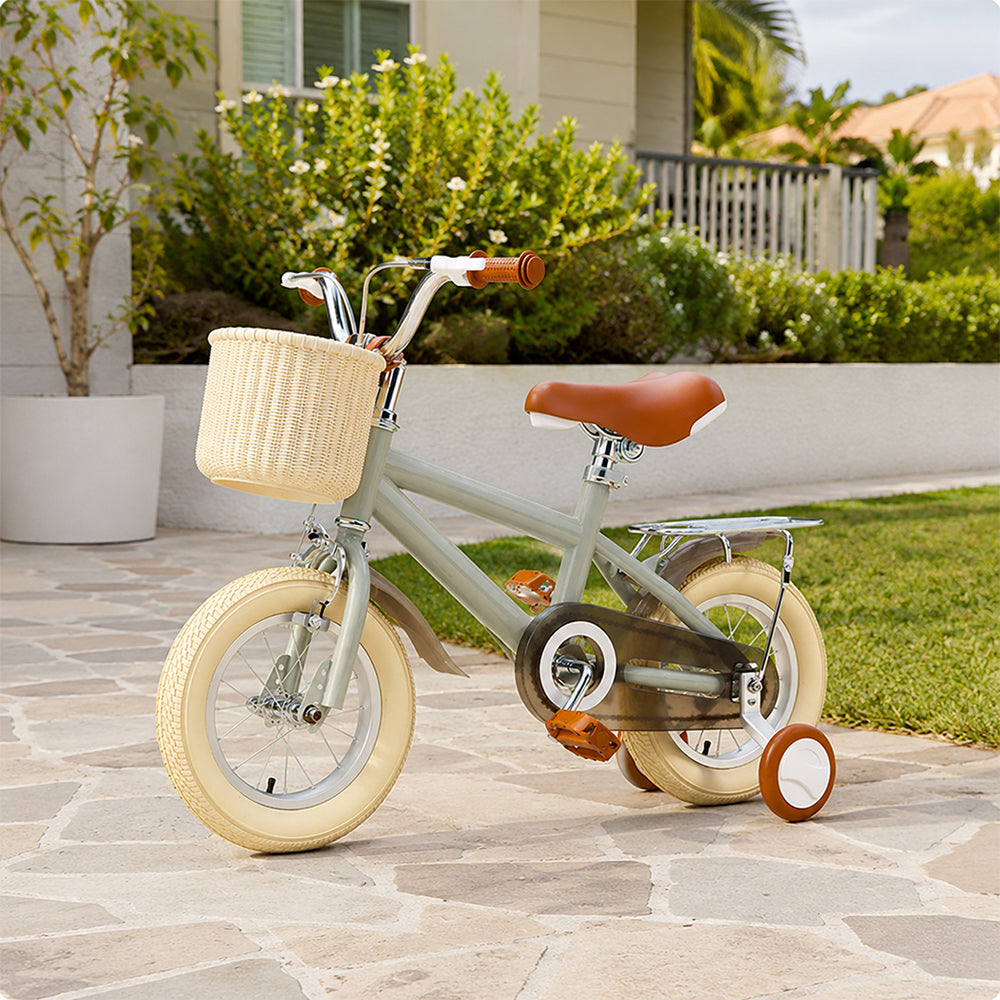 VOLTUS Kids Bike with Training Wheels, Woven Basket & Rear Rack for Beginner Riders - Mint Grey, Wide Silent Wheels