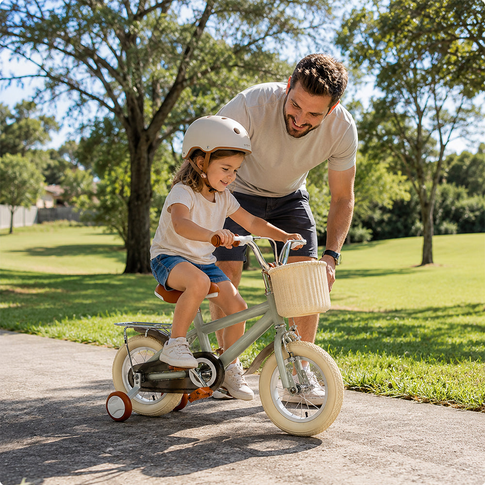 VOLTUS Kids Bike with Training Wheels, Woven Basket & Rear Rack for Beginner Riders - Mint Grey, Wide Silent Wheels