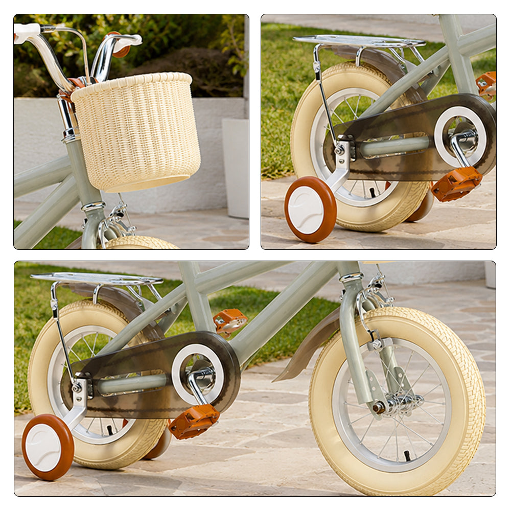 VOLTUS Kids Bike with Training Wheels, Woven Basket & Rear Rack for Beginner Riders - Mint Grey, Wide Silent Wheels
