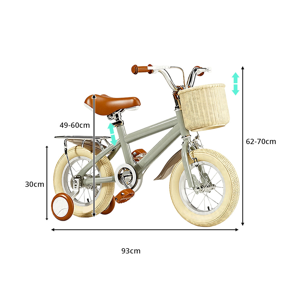 VOLTUS Kids Bike with Training Wheels, Woven Basket & Rear Rack for Beginner Riders - Mint Grey, Wide Silent Wheels
