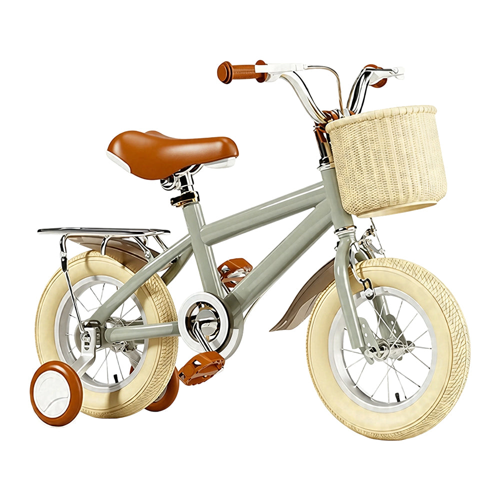 VOLTUS Kids Bike with Training Wheels, Woven Basket & Rear Rack for Beginner Riders - Mint Grey, Wide Silent Wheels