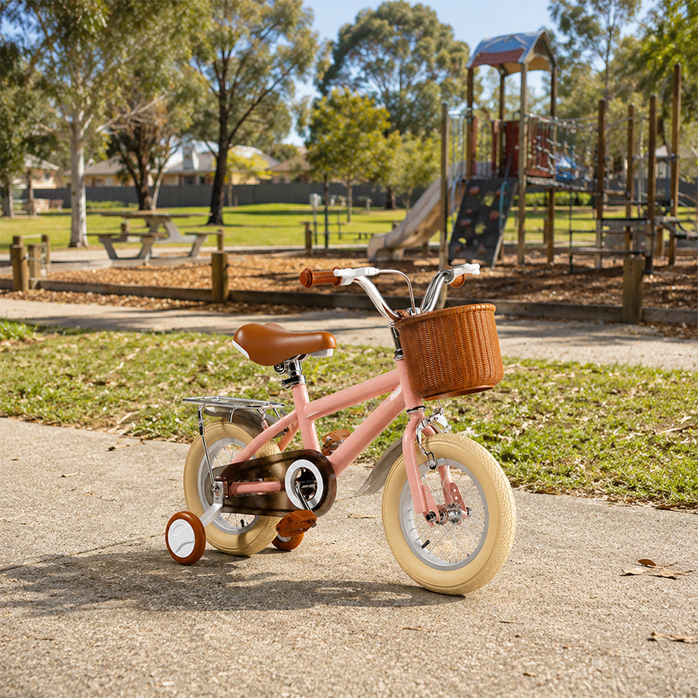 VOLTUS Kids Bike with Training Wheels, Woven Basket & Rear Rack for Beginner Riders - Blush Pink