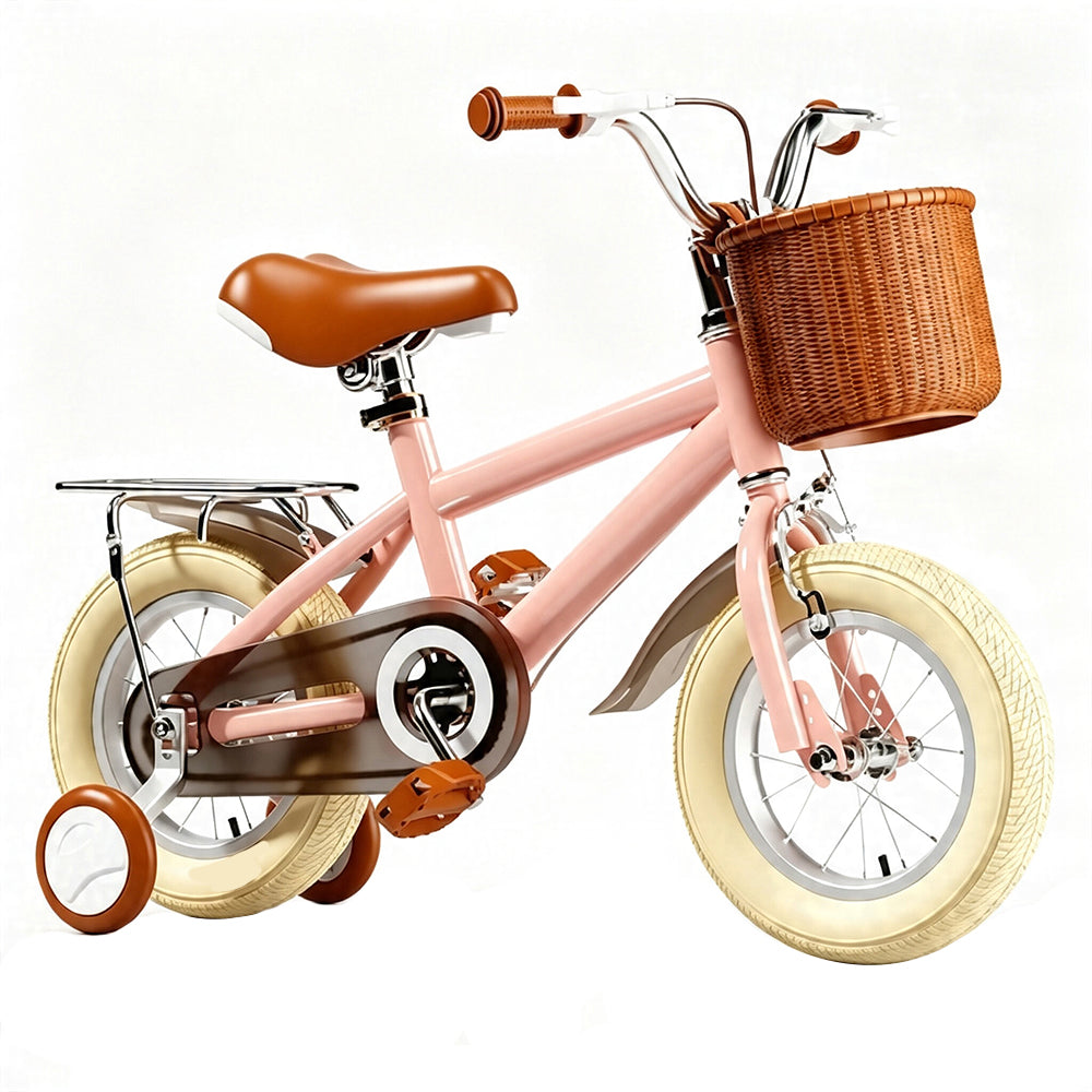 VOLTUS Kids Bike with Training Wheels, Woven Basket & Rear Rack for Beginner Riders - Blush Pink
