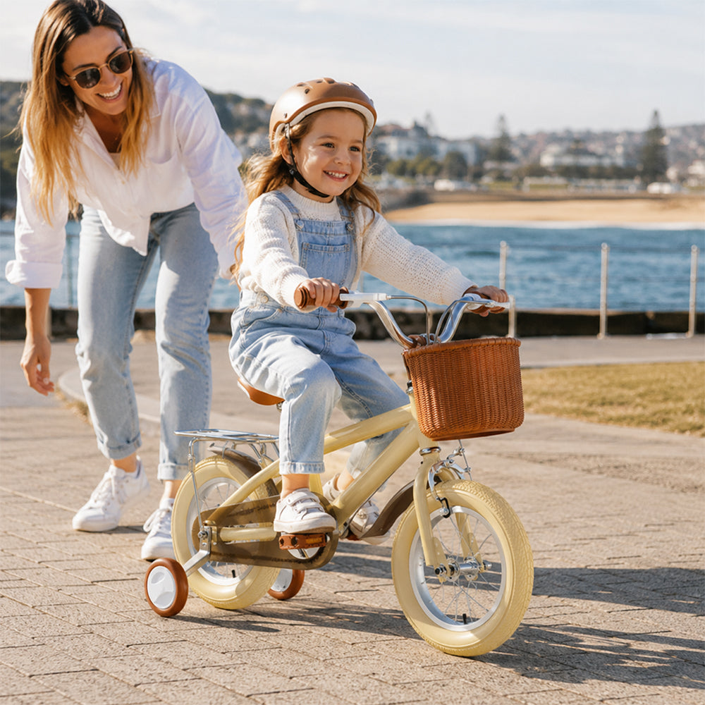VOLTUS Kids Bike with Training Wheels, Woven Basket & Rear Rack for Beginner Riders - Yellow