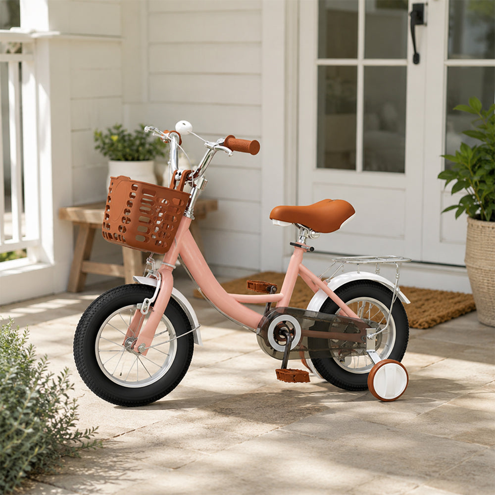 VOLTUS 16 Inch Kids Bike with Training Wheels, Front Basket & Adjustable Seat for Beginner Riders - Cream Pink, Black Tyres