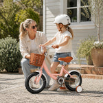 VOLTUS 16 Inch Kids Bike with Training Wheels, Front Basket & Adjustable Seat for Beginner Riders - Cream Pink, Black Tyres