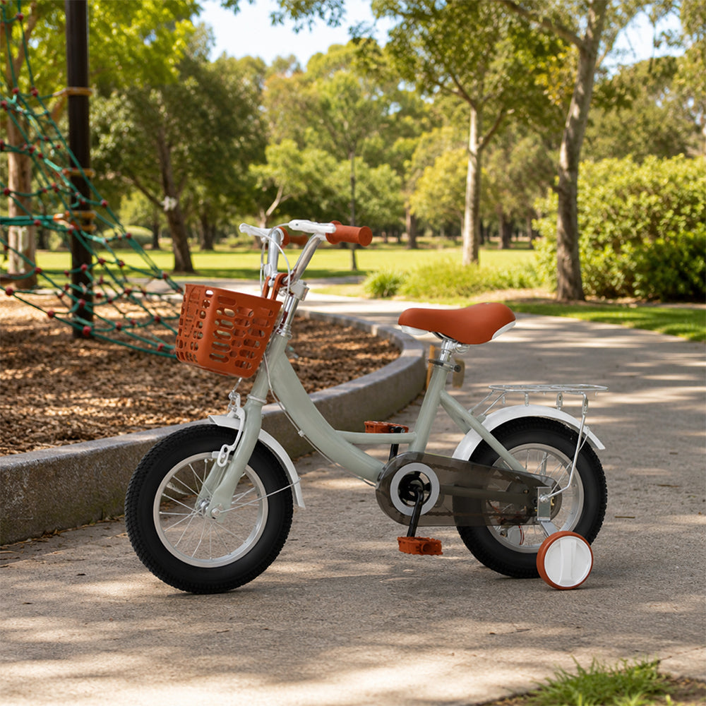 VOLTUS 16 Inch Kids Bike with Training Wheels, Front Basket & Adjustable Seat for Beginner Riders -Grey, Black Tyres