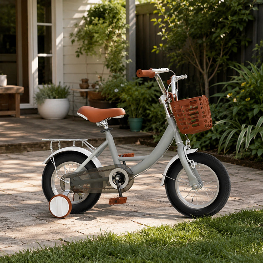 VOLTUS 16 Inch Kids Bike with Training Wheels, Front Basket & Adjustable Seat for Beginner Riders -Grey, Black Tyres