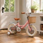 VOLTUS 16 Inch Kids Bike with Training Wheels, Front Basket & Adjustable Seat for Beginner Riders - Cream Pink, Beige Tyres