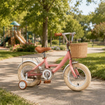 VOLTUS 16 Inch Kids Bike with Training Wheels, Front Basket & Adjustable Seat for Beginner Riders - Cream Pink, Beige Tyres
