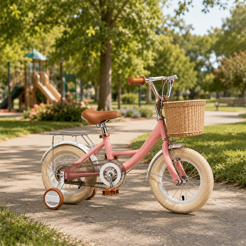 VOLTUS 16 Inch Kids Bike with Training Wheels, Front Basket & Adjustable Seat for Beginner Riders - Cream Pink, Beige Tyres