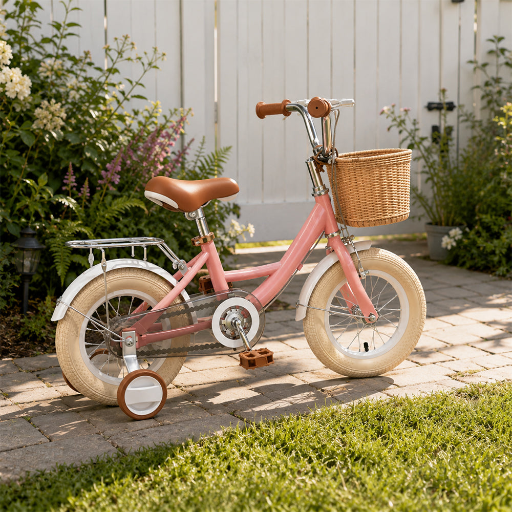 VOLTUS 16 Inch Kids Bike with Training Wheels, Front Basket & Adjustable Seat for Beginner Riders - Cream Pink, Beige Tyres