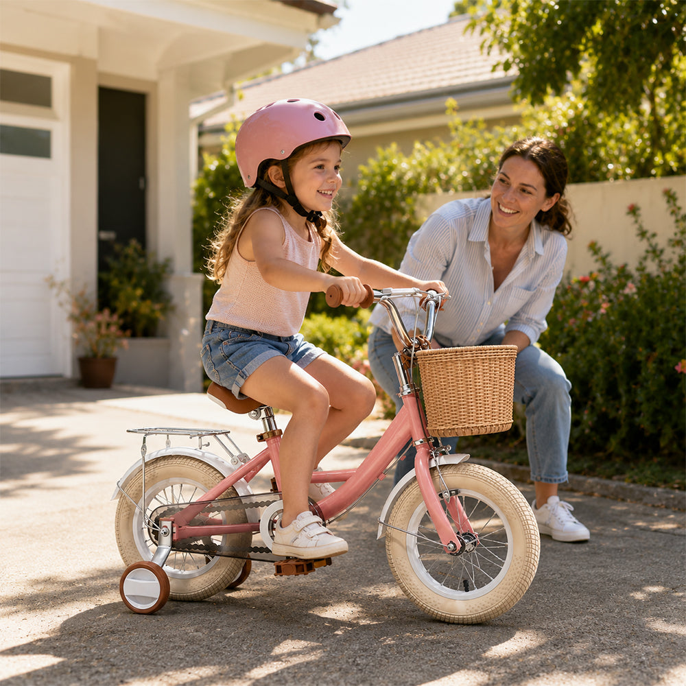 VOLTUS 16 Inch Kids Bike with Training Wheels, Front Basket & Adjustable Seat for Beginner Riders - Cream Pink, Beige Tyres